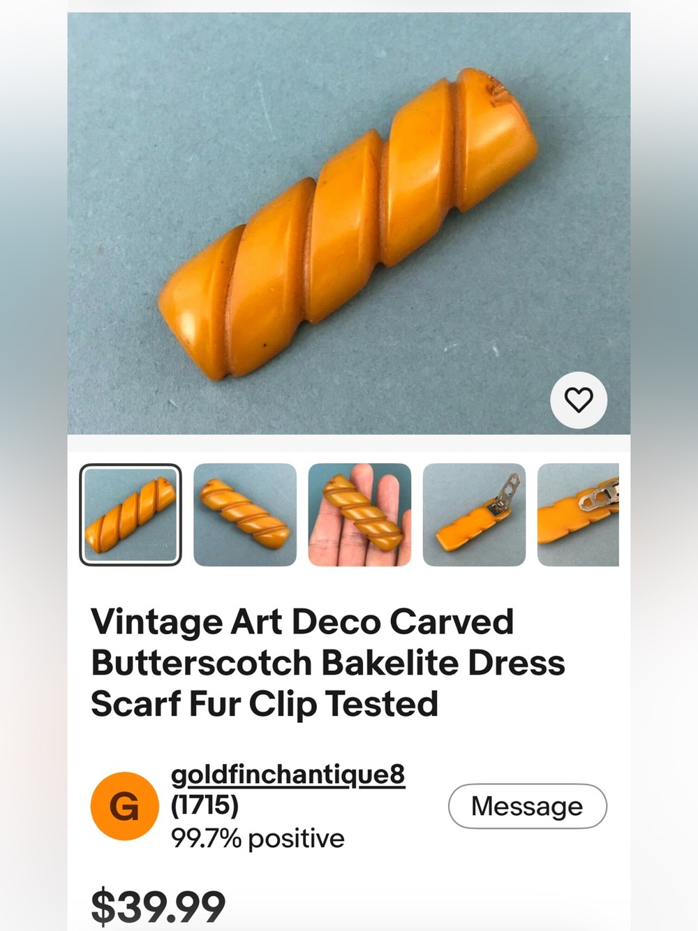 Bakelite Vintage Butterscotch Resin Bar Pin w/Twisted Gold Decorative Rope Inlay - Picture 10 of 14